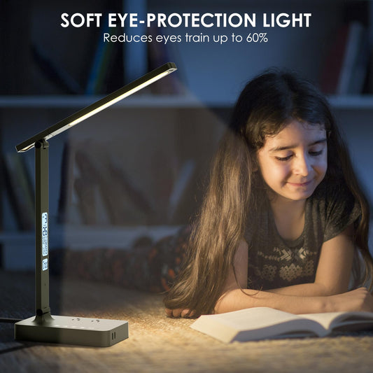 Infiway Desk Lamp with USB Charging Port: LED Stepless Dimmable Eye Caring Desk Light for Home Office - 1 Type-C, 1 USB-A Charging Port, 2 AC Power Outlets, Multiple Light Modes for Study and Bedroom