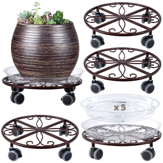 5 Pack Plant Caddy with Wheels Heavy Duty 13.5 Inches Metal Plant Stand with Wheels Plant Dolly Rolling Plant Stand Plant Roller with Casters for Indoor and Outdoor, Bronze
