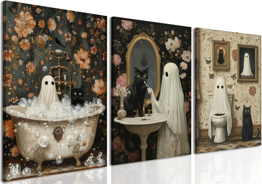 Halloween Ghost Bathroom Wall Art Set of 3, Funny Gothic Wall Decor Dark Academia Decor Pictures, Horror Ghost and Black Cat in Bathroom Poster Canvas Prints 12x16 inch Framed