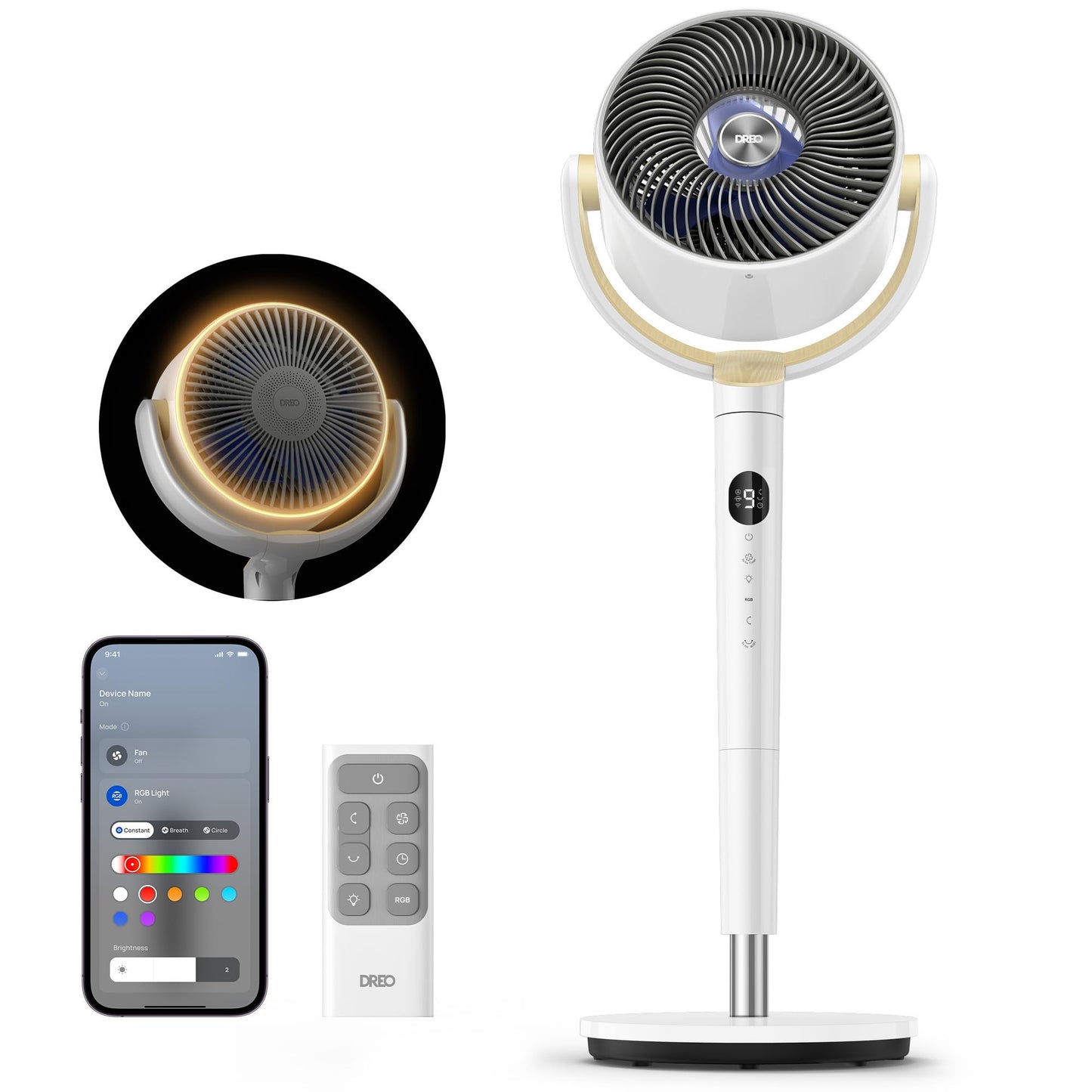 Dreo Smart Fan for Bedroom, 120° +120° Omni-Directional Oscillating Fans, 100ft Quiet Pedestal Fan with RGB Light, 9 Speeds, 6 Modes, 20dB, 8H Timer, Wi-Fi/Voice/Alexa, 37-42" Floor Fans with Remote