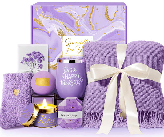 Mothers Day Gifts for Mom Wife Grandma Daughter Sister Friends, Self Care Get Well Gifts, Lavender Relaxing Spa Gift Basket Care Package w/Blanket, Birthday Gifts for Women Her Girlfriend Aunt Teacher