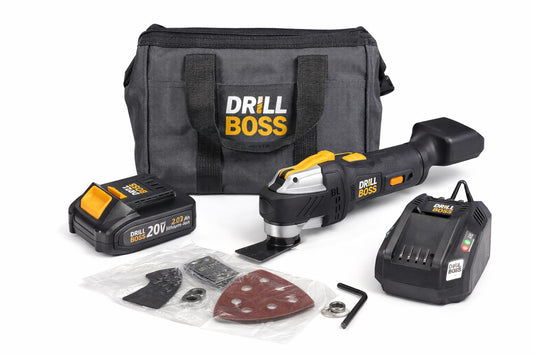 Drill Boss 20V Brushless Cordless Oscillating Multi-Tool Kit, Variable Speed 8,000-18,000 OPM, Keyless Blade Change, LED Work Light, Blades, Accessories, Battery, Charger and Bag