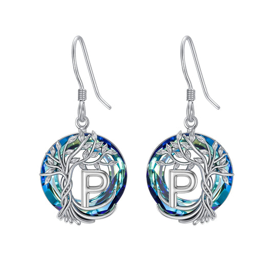 TOUPOP Tree of Life Initial Earrings Sterling Silver Initial P Letter Drop Dangle Earrings Blue Circle Crystal Family Tree Jewelry Birthday Mothers Day Gifts for Women Mom Her