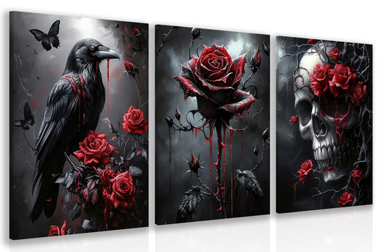 Hianan Horror Gothic Canvas Wall Art, Romance Raven Rose Halloween Wall Decor, Bloodthirst Goth Crow Rose Poster Prints, Dark Goth Skull Aesthetic Pictures for Bathroom Living Room Framed 12"x16"x3