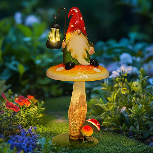 HONGLAND Solar Garden Gnomes Outdoor Statue, Waterproof Outdoor Mushroom Decor with Solar Lantern LED Lights for Yard, Patio, Lawn Ornaments, Ideal Gifts for Mom Grandm, Housewarming Gifts-16.5"