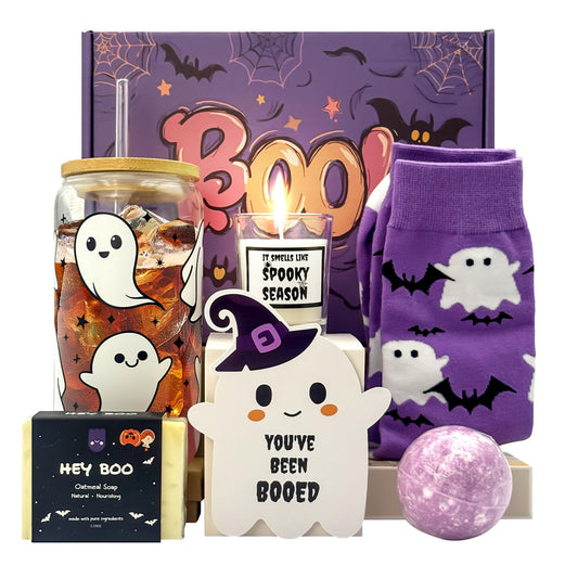MHSMHL Boo Basket Stuffers for Women, Halloween Gifts for Women, Cute Halloween Boo Basket for Teens Girls Her Sister Friend Adults With Spooky Glass Cups