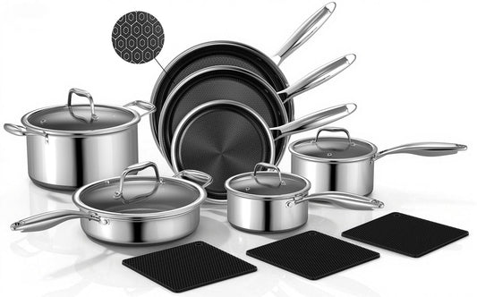Yoehka 14-Piece Hybrid Stainless Steel Cookware Set, Non-Stick Pots and Pans Set with 3 Silicone Trivets | Induction Compatible Frying Pans, Saucepans, Saute Pan & Stock Pot | Oven Dishwasher Safe