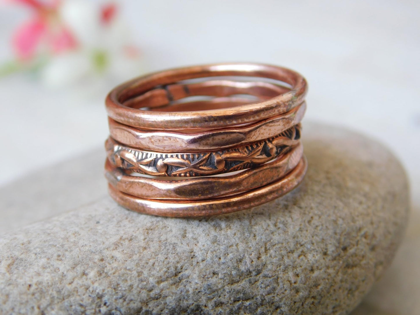 Set of 5 Hand Pure Copper Rings. Made with 100% Pure Raw Untreated Copper. Helps Reduce Finger Joint Pain and Swelling. Tibetan Healing Medicine Ring Set. (US-11)
