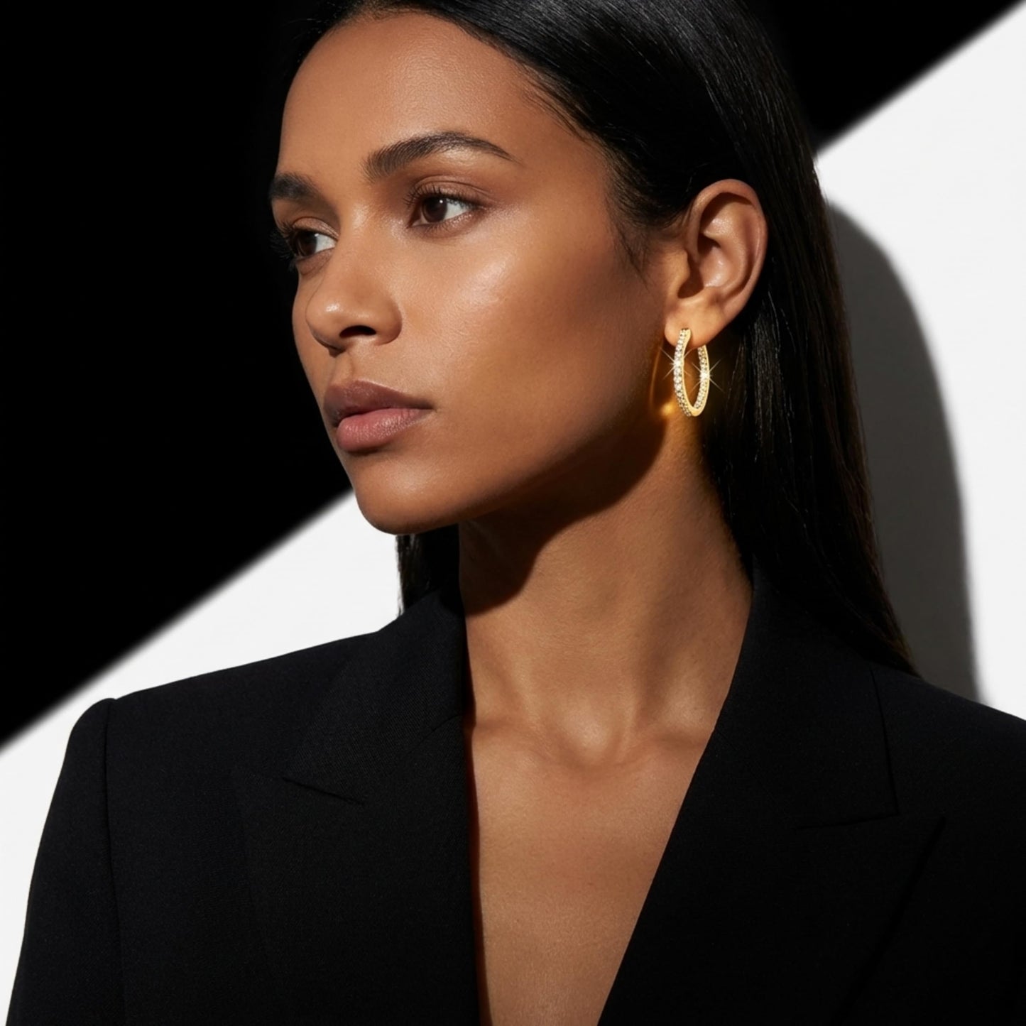 Suiune 14K Yellow Gold Hoop Earrings for Women, Hypoallergenic Dual-Sided Cubic Zirconia Hinged Hoops Jewelry for Woman, 2mm x 30mm