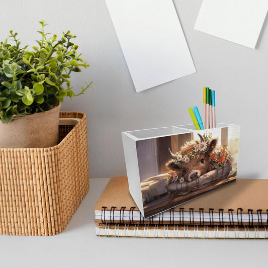 HYKDFMNCJ Highland Cow Pen Holder for Desk, Rustic Floral Farm Heifer Wooden Box Sign Desk Decor for Home Office Decoration, Highland Cow Gifts Pencil Organizer, Gifts for Cows Lovers