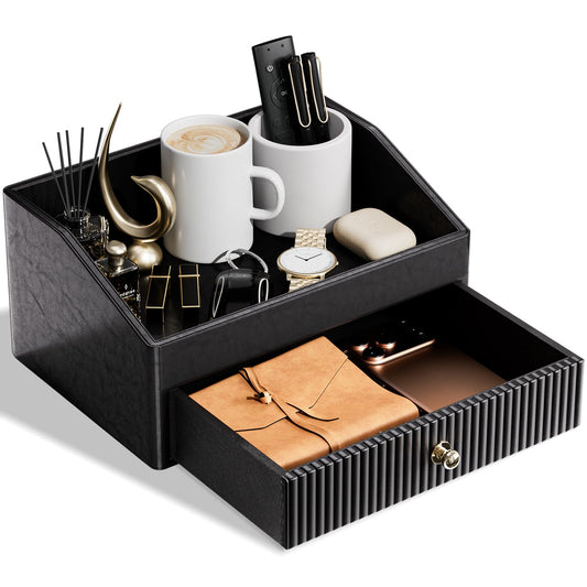 LADSTAG Desk Accessories,Black Vegan Leather Desk Organizers with 1 Draw & Tray,Remote Control Holder with Gold-Tone Metal Accents Knob for End Tables,Bedside Table,Bedroom