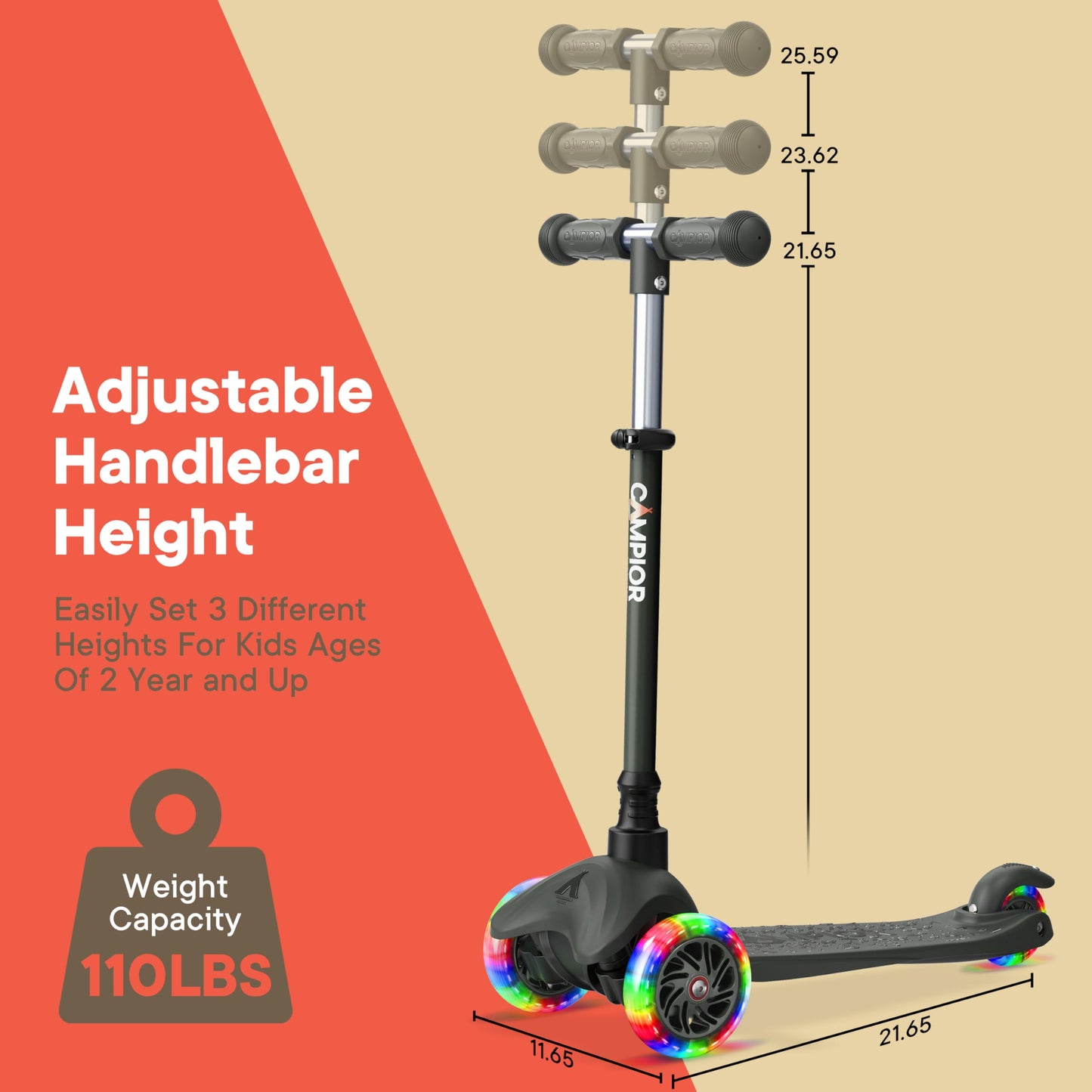 Black Mini 3 Wheel Scooter for Kids – Lean-to-Steer with LED Light-Up Wheels, Adjustable Handlebar, Wide Anti-Slip Deck, Smooth PU Wheels, Rear Foot Brake – Toddler Scooter for Ages 2+