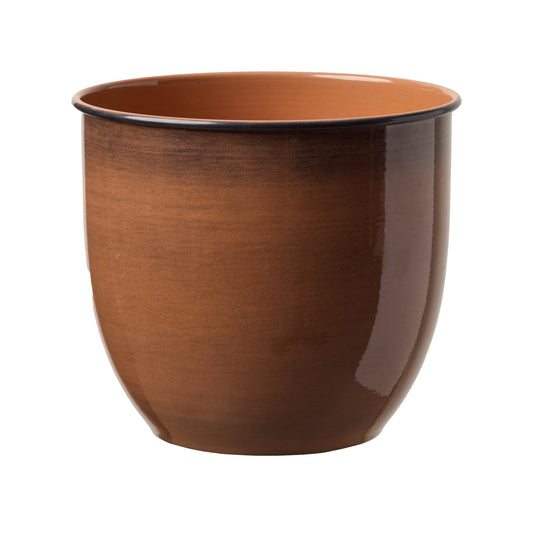 Bloem Canyon 8" Terra Cotta Orange Round Metal Gloss Planter Cachepot with Removable Drain Plug