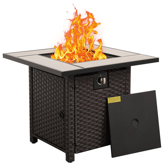 50000 BTU Brown Wicker Gas Fire Pit Outdoor Fire Pit Table 30 Inch Fire Pits for Outside with Woodgrain Marble Tabletop Fire Pit Cover and Blue Crystal Beads