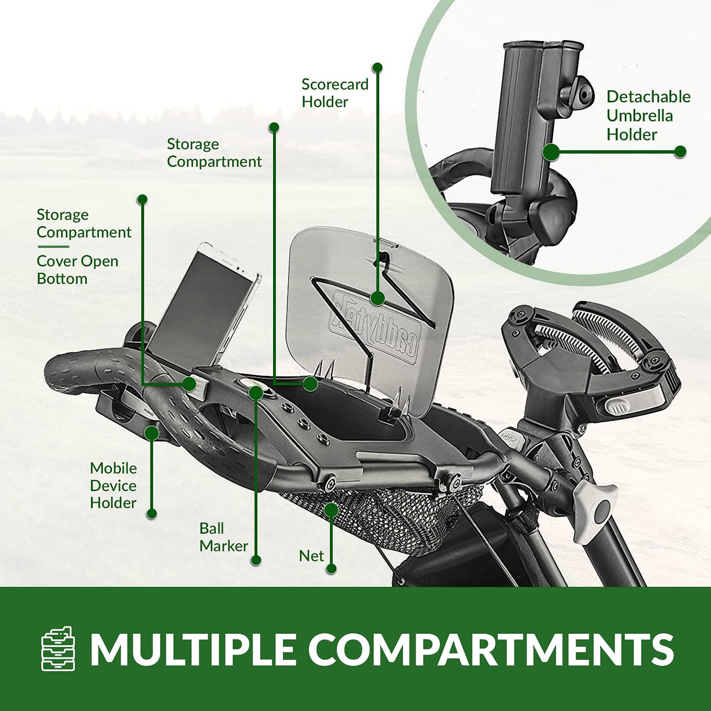 Caddytek CaddyLite EZ V8 Golf Push Cart - Lightweight 3 Wheel Foldable Cart with One-Click 2-Step Folding, EVA Wheels, Adjustable Handle, Cooler Basket, Umbrella & Drink Holder, Compact Golf Cart
