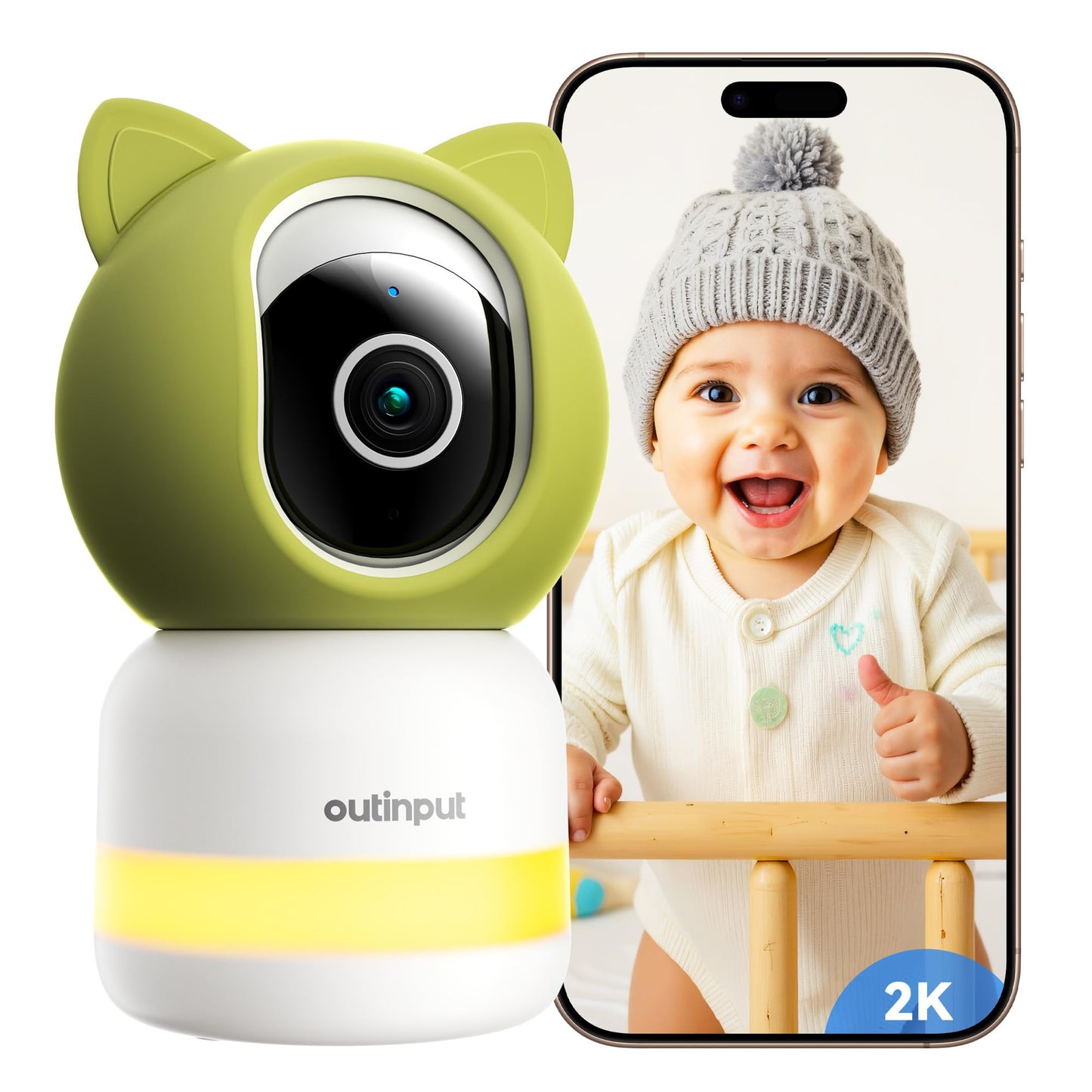 Outinput 2K 4MP WiFi Baby Monitor with Camera and Audio, App Control PTZ, Crying/Feeding/Temp/Humidity Alerts, Night Vision wtih Gentle Light, Soothing Lullabies for Baby Sleep, Cloud&Local Storage