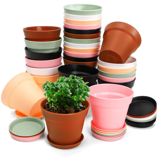 Frcctre 30 Pack 4 Inch Plastic Planter Pots, Small Flower Pots Seedlings Nursery Pots with Drainage Hole and Saucers for Indoor Outdoor Plants Flowers Herbs Succulents, 6 Colors