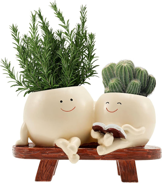 SYKUIHSG Smily Face Planter Pot, Cute Resin Flower Double Head for Indoor Outdoor, Creative Succulents Plantings Flower Pot with Drainage Hole, Present Ideal for Mother, Friend