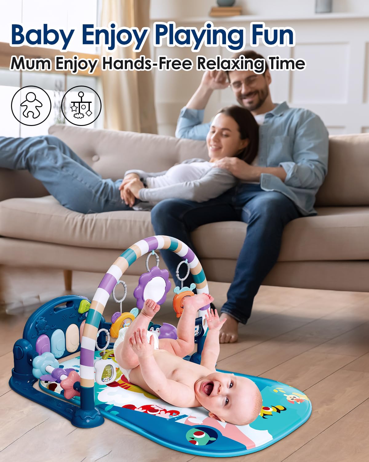 dearlomum Baby Play Mat Gym, Funny Play Piano Tummy Time Activity Mat with 5 Infant Sensory Toys, Music and Lights, Boy & Girl Gifts for Newborns 0 to 3 6 9 12 Months (Blue)