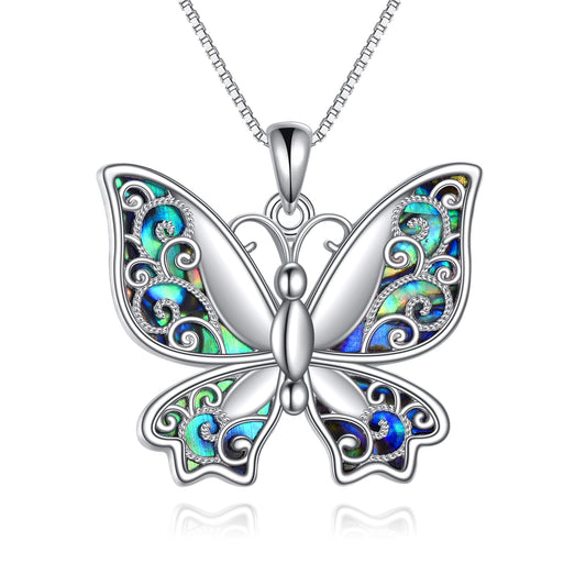 KQF Butterfly Necklace 925 Sterling Silver Filigree Butterfly Pendant Abalone Shell Jewelry Gift for Women Mom Daughter