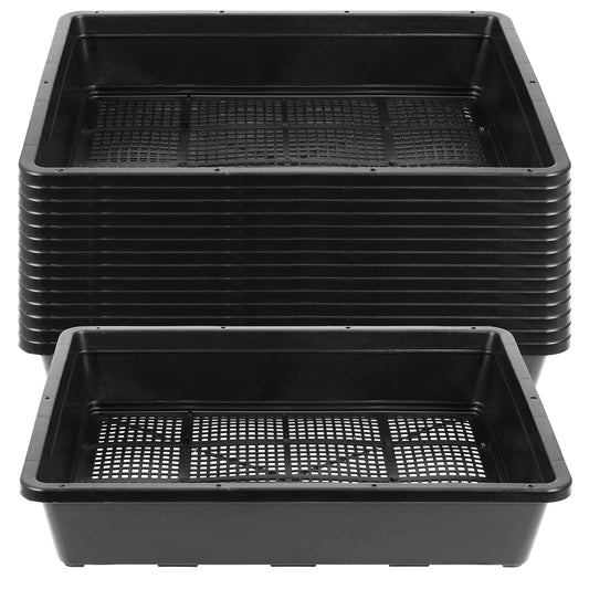 SINJEUN 15 Pack Mesh Bottom Seed Starter Trays, 15 x12 Inch Plastic Plant Tray Mesh Plant Germination Trays for Microgreens, Black