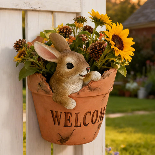 Juliahestia Hanging Planter with Cute Rabbit Design Decorative Wall Planter for Indoor Outdoor Terracotta Style Resin Unique Funny Plants Pot for Home Porch Garden Decor Artificial Flowers