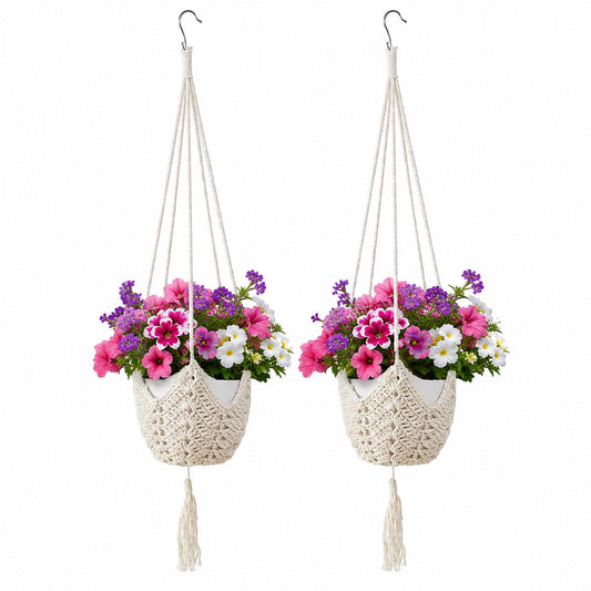 LAGWIUY 40 Inch Macrame Plant Hanger 2 Pack, White Hanging Planters with S-Shaped Hooks for Indoor Outdoor Plants, Home Decor
