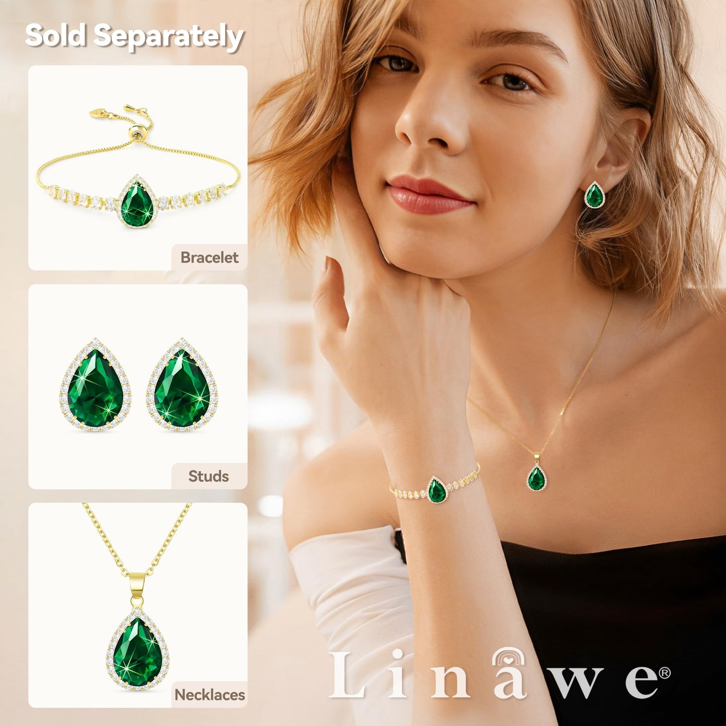 Linawe Emerald Crystal Chain Necklace for Women Trendy, Green Imitation Diamond Pendant, Cubic Zirconia Birthstone Rhinestone Teardrop, Preppy Dainty Boho Jewelry