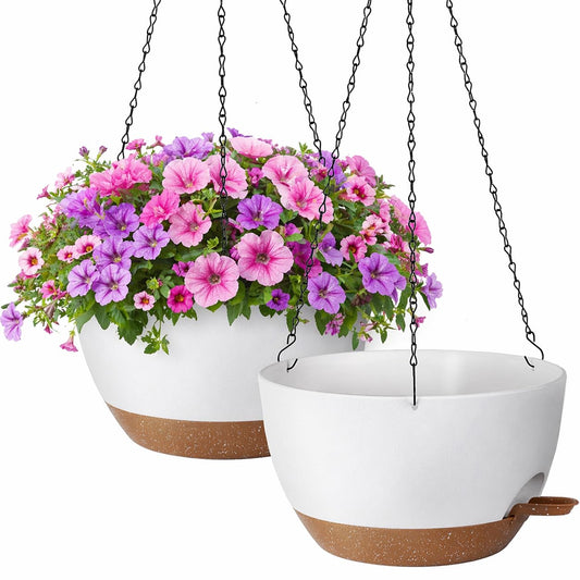 TYMENSH Hanging Plant Pots 12 inch Set of 2, Self Watering Hanging Planters with Drainage Holes, Indoor Outdoor Plastic Flower Pots with Hanging Chains for Balcony, Porch, Garden, Home Décor, White