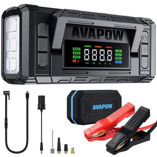 AVAPOW 8000A Jump Starter with Air Compressor, 150PSI 12V Portable Jump Box for All Gas & All Diesel Engines, 30W PD Fast Charging, 4" Smart Display, Heavy Duty Battery Starter with EVA Case