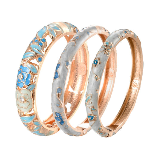 UJOY Fashion Cloisonne Bangle Jewelry Hollowed Rose Handmade Enamel Gifts Cuff Open Bracelet Bangles for Women Gilrs 88A10 3pcs Light Blue