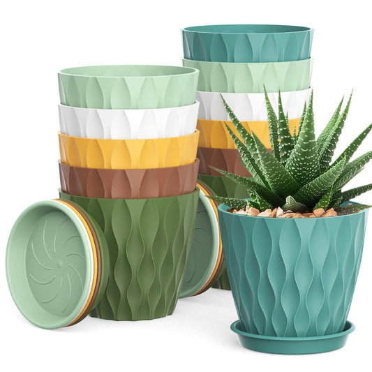 4 Inch Small Pots for Plants, 12 Pack Waffle Texture Small Plant Pots for Succulents, Plastic Planter with Drainage Holes and Saucers for Indoor Outdoor Plants, Flowers, Herbs, Seedlings, Colorful