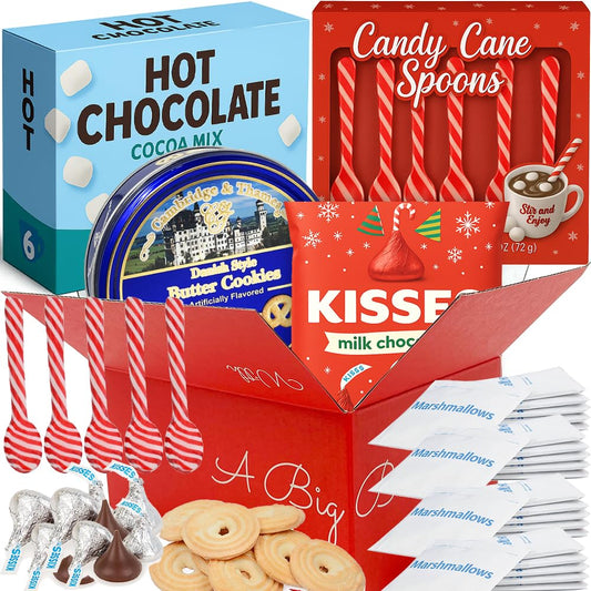 Holiday Hot Chocolate Gift Set with Marshmallow, Peppermint Candy Cane Spoon, Milk Chocolate Kisses & Danish Cookies | Christmas Treat Box Him Her Mum Dad Brother Sister & Office Stocking Stuffer