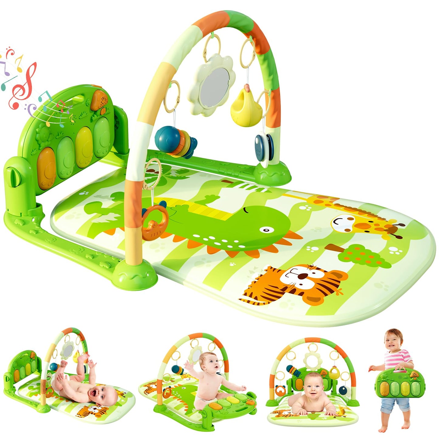 Dearlomum Baby Play Mat & Gym, Fun Piano Tummy Time Activity Mat with 5 Sensory Toys, Music & Lights - Boy & Girl Gifts, 0-12 Months (Blue)