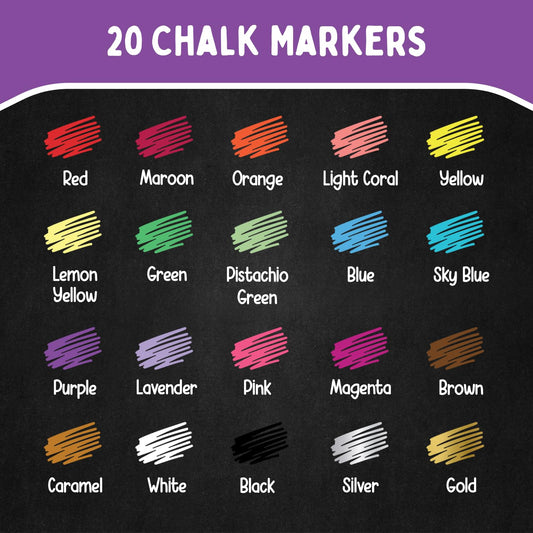 Chalkola 20 Liquid Chalk Markers for Blackboard (6mm Reversible Tip - Neon, Pastel, Metallic Dry Erase Marker) | Washable Chalk Pens for Chalkboards, Window, Car, Glass - Erasable Chalkboard Markers