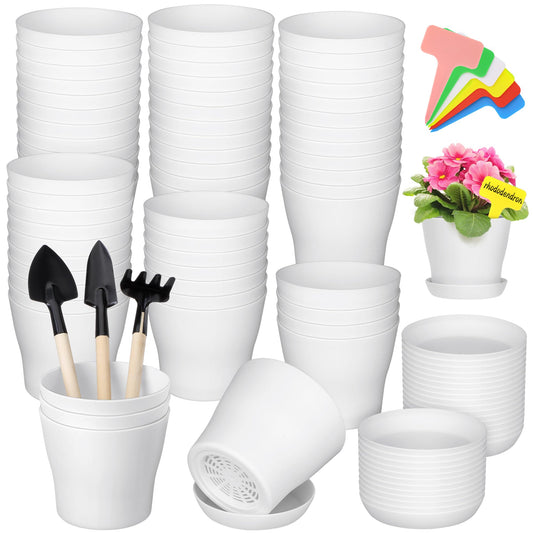 Hahood 60 Pieces White Plastic Planters 4 Inch Flower Pot with Trays Labels Plant Pots Plants Nursery Pot Flower Seedling Nursery Pots for Indoor Outdoor Plant, Herb, Succulent