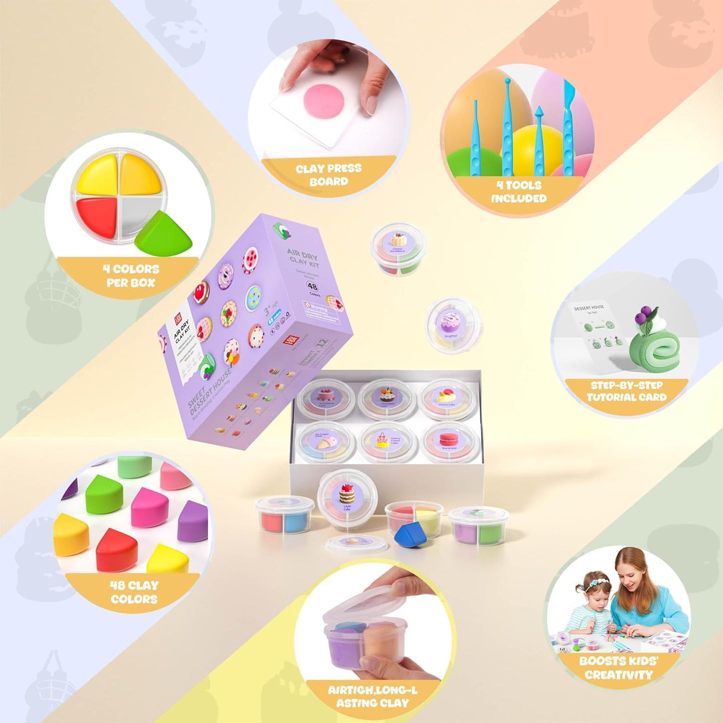 Air Dry Clay for Kids - Modeling Clay Kits, Ultra Light & Soft, Safe & Non-Toxic, 12 Boxes DIY Model Magic Clay 48 Colors with Sculpting Tools und Tutorials, Creative Art Crafts Toys Gifts Boys Girls