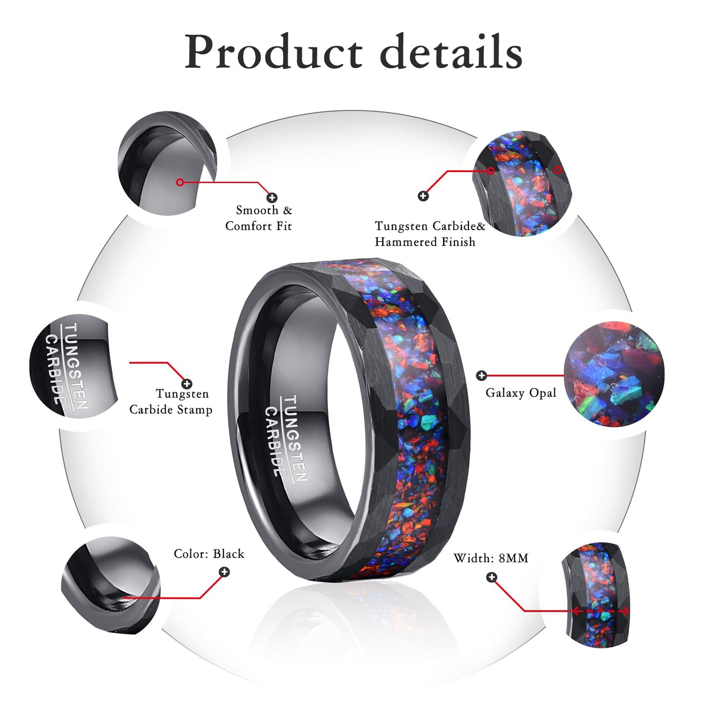 NUNCAD Mens Wedding Ring Black with Opal Inlaid 8mm Engagement Band Tungsten Carbid Ring Hammered Matte Finish Comfort Fit Sizes 11