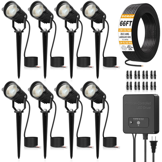 SOROP Low Voltage Landscape Lighting Kit, 6W Landscape Lights with Transformer 66FT UL-Listed Wire & Connectors, 3000K Waterproof Outdoor Spotlight Lights for Yard House Tree 12V-24V 8Pack