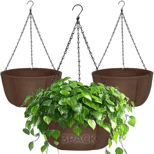 T4U Hanging Planters for Outdoor Plants, 3 Pack 12 Inch Hanging Baskets for Plants Outdoor with Rustproof Chain, Fabric Hanging Pots for Plants, Hanging Planter for Balcony Porch Deco