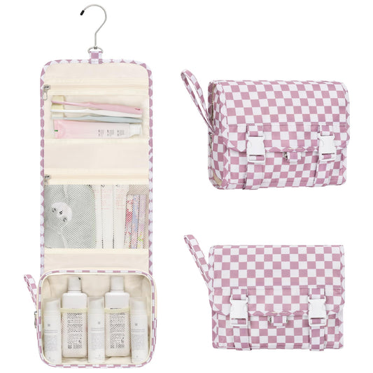 Small Hanging Toiletry Bag for Men and Women, Portable Hanging Organizer for Travel-Sized Dopp Kit, Makeup Accessories, Waterproof Toiletries Organizer with 3 Compartments for Outdoor - Plaid Purple