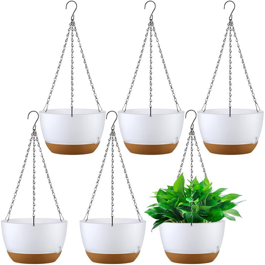 Remerry 6 Pcs 10 Inch Hanging Planter Hanging Plant Pot Plastic Round Hang Baskets for Plants Indoor Flower Pot with Drainage Holes Removable Trays for Garden Home Patio(White)