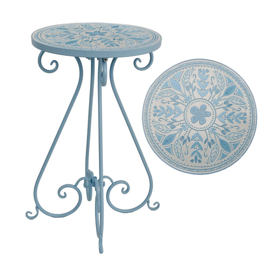 Zorvynelle Mosaic Outdoor Side Table 14" Diameter Metal Round Plant Stand Ceramic Tile Round Table Garden Patio Side Table for Flower Pots Vase Home Decor (Flower#1)