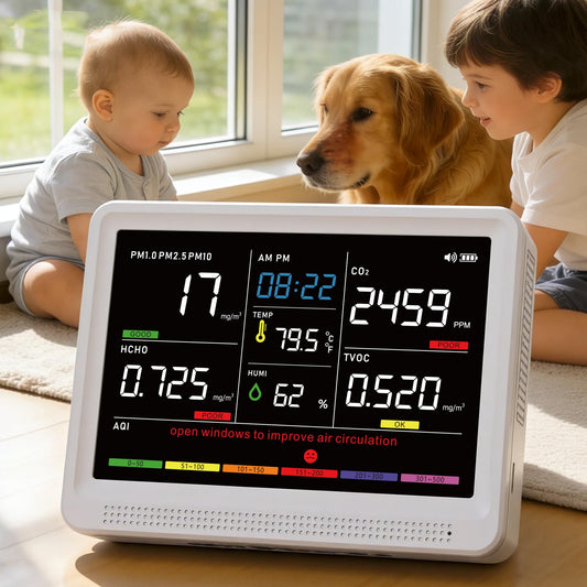 Professional 16 in 1 Air Quality Monitor Indoor 10h Battery & 5.5" Display 9 AQI+7 AQI Alerts, Portable CO2 Monitor Air Quality Tester for CO2, TVOC, PM2.5 PM1.0 PM10, HCHO Temp/ Humidity AQI & Time