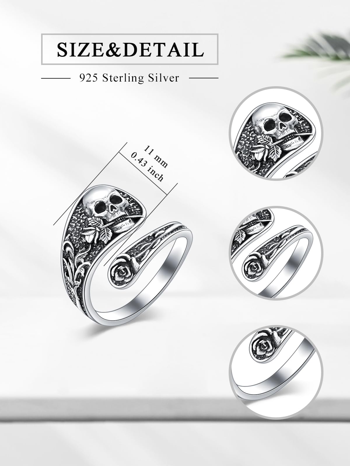 Midari Skull Rose Spoon Rings for Women 925 Sterling Silver Skull Ring Adjustable Punk Skull Rings Skull Rings Open Antique Spoon Rings Jewelry for Women Hallowee Birthday Christmas Gifts