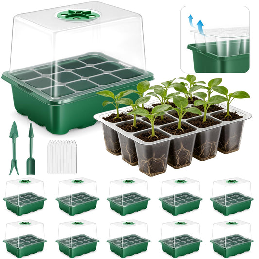 joyhalo 10 Packs Seed Starter Tray with Extra-Tall Humidity Dome 120 Cells Total, Thicken Seed Starter Kit, Greenhouse Germination Kit, Indoor Gardening Plant Trays for Seeds Growing