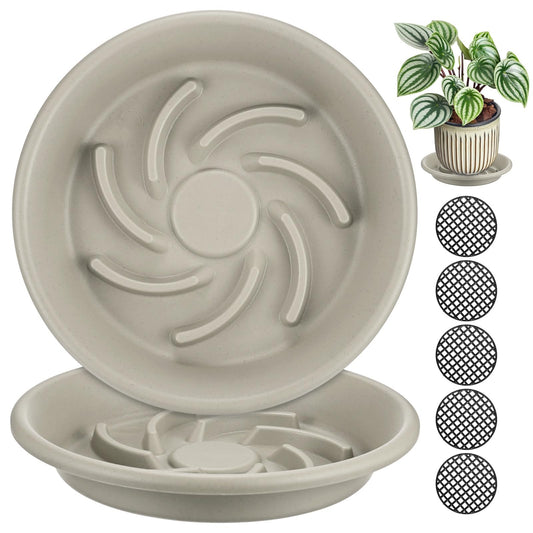 M METERXITY 2-Pack Plant Saucer, 6.5 Inch/ 16.5cm Plastic Plant Trays Thicker for Pots/Indoor/Outdoor/Water Drainage and Protection, Flowerpot Drip Tray [Grayish White]