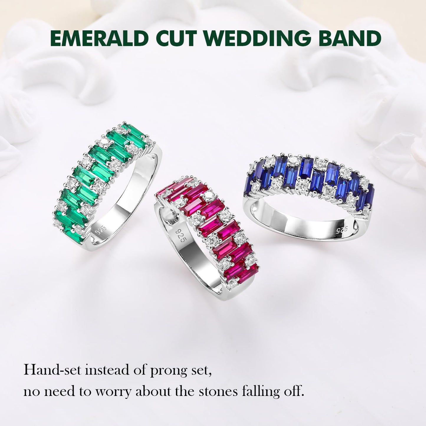 RANDES Sapphire Ring Half Eternity Wedding Bands for Women Men 925 Sterling Silver Blue Stone September Birthstone Ring Size 10