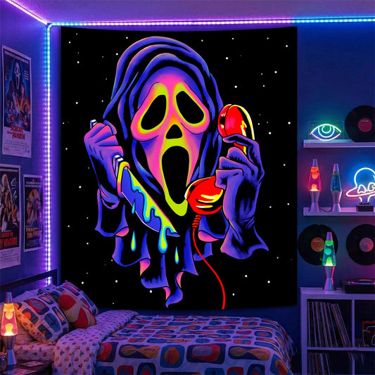 SparkLia Blacklight Horror Skull Tapestry, UV Reactive Neon Scary Face Wall Hanging, Glow in the Dark Spooky Decor for Bedroom, Gaming Room Party Decor - 51" x 59"