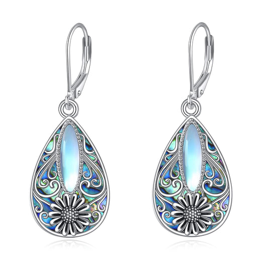 Sunflower Filigree Earrings Sterling Silver Teardrop Abalone Shell Drop Dangle Filigree Leverback Earrings Gifts for Women Jewelry